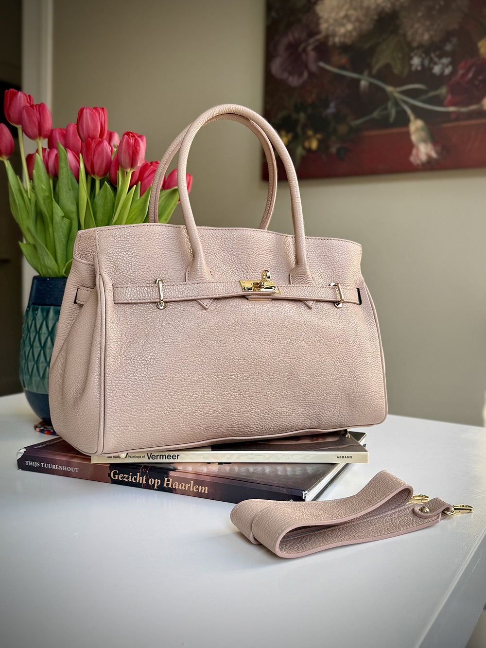 Pink grained leather frame bag