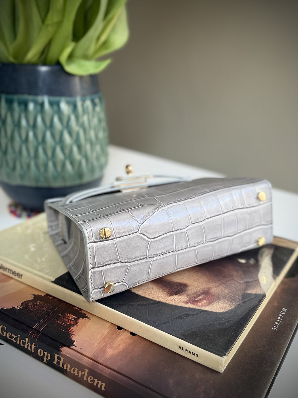 Gray leather cross-body bag