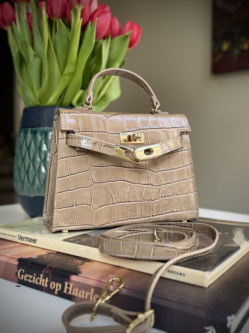 Taupe leather cross-body bag