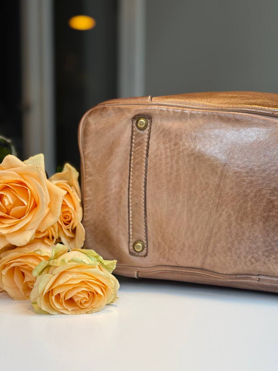 Walnuts washed leather bag with handmade finished color