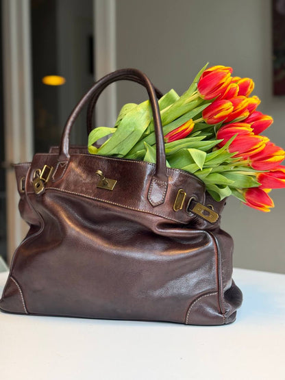Dark Brown washed leather bag with handmade finished color