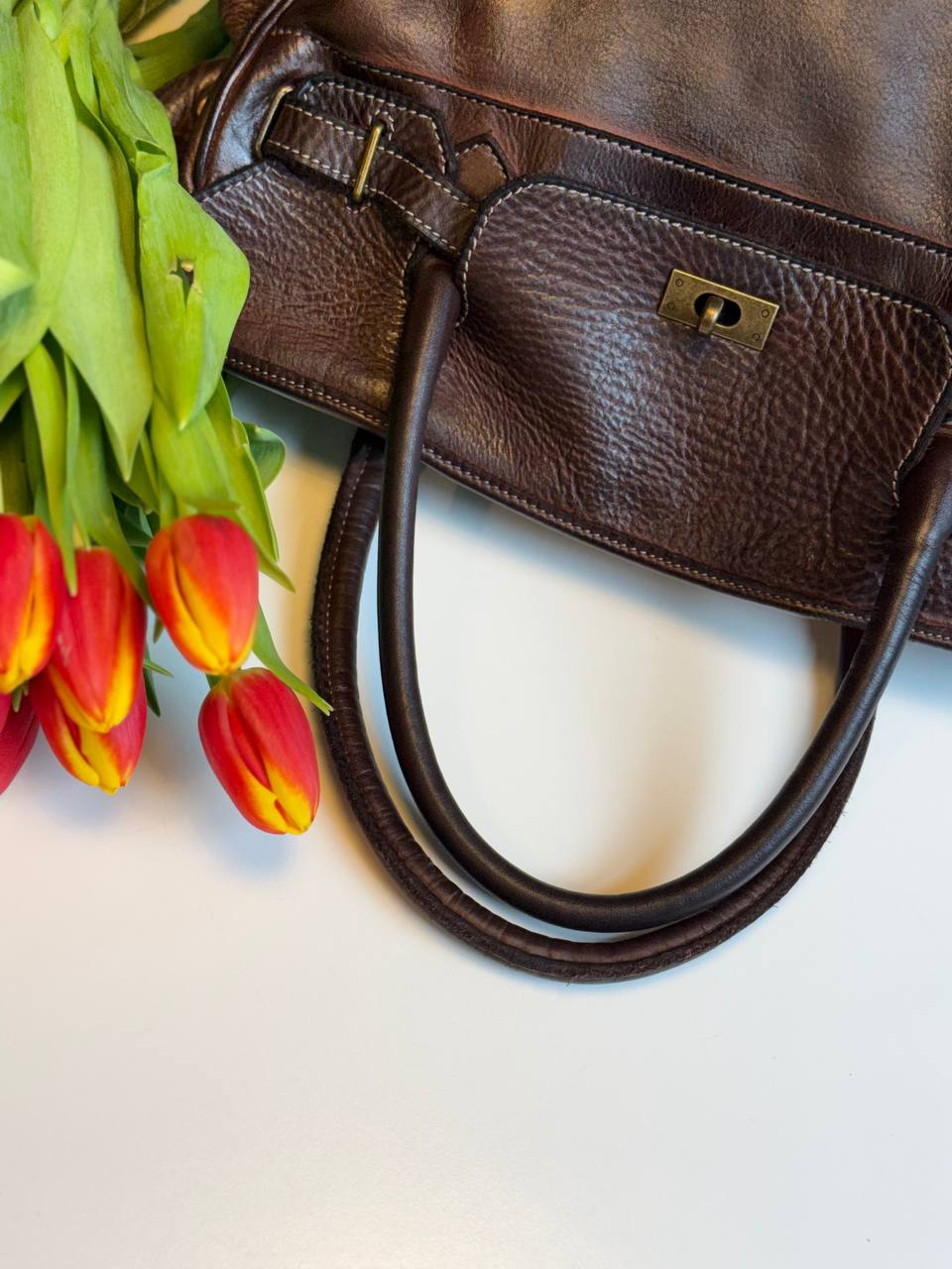 Dark Brown washed leather bag with handmade finished color
