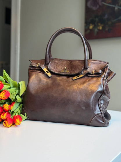 Dark Brown washed leather bag with handmade finished color