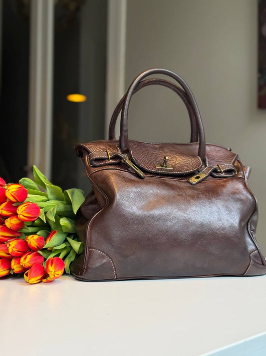 Dark Brown washed leather bag with handmade finished color