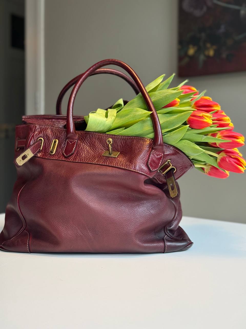 Burgundy washed leather bag with handmade finished color