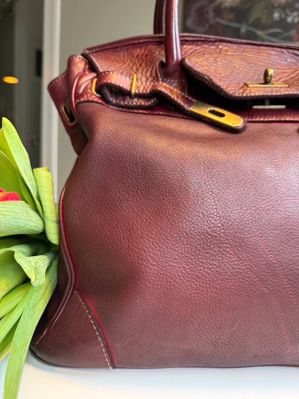 Burgundy washed leather bag with handmade finished color