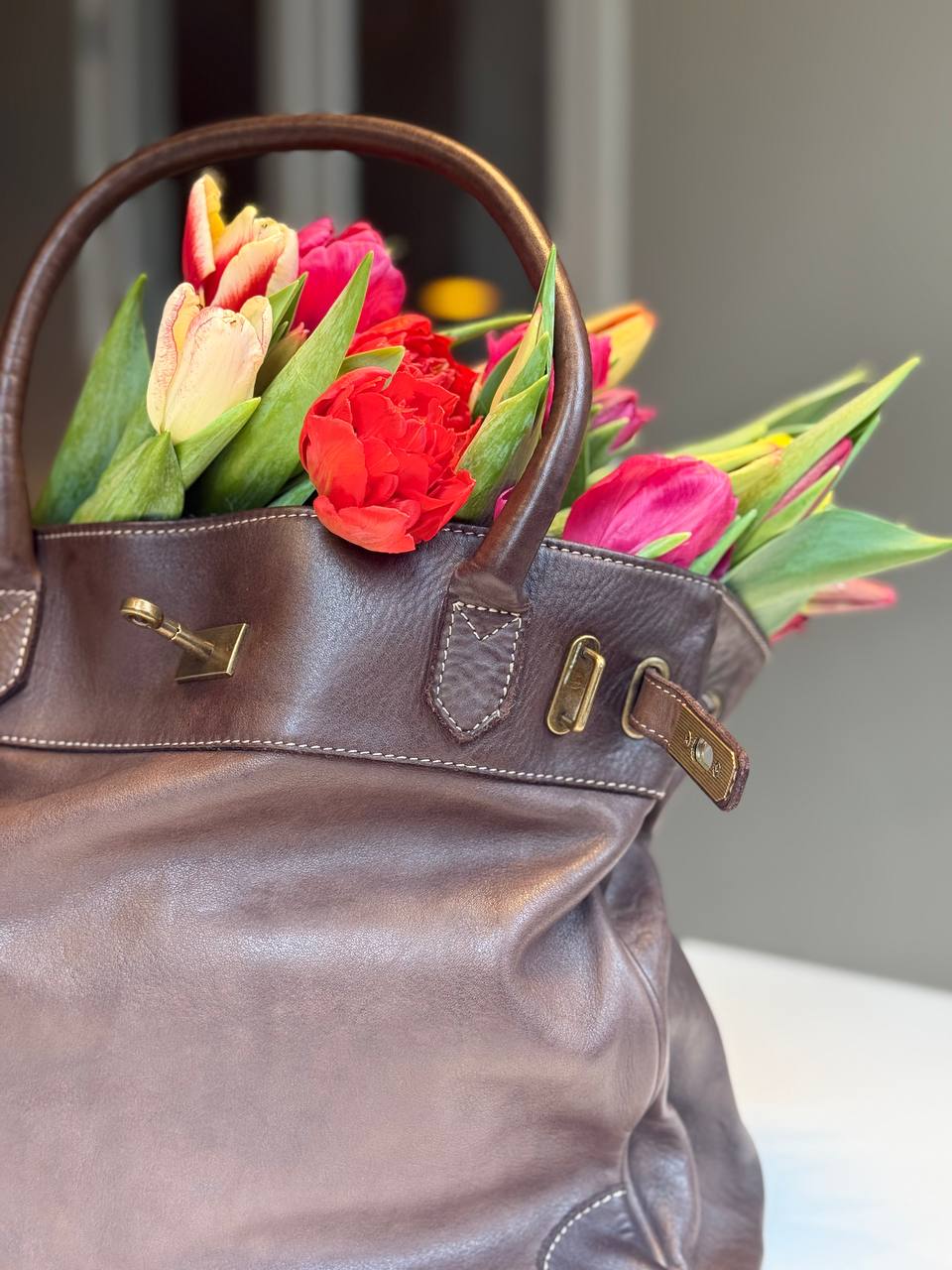 Dark brown washed leather bag