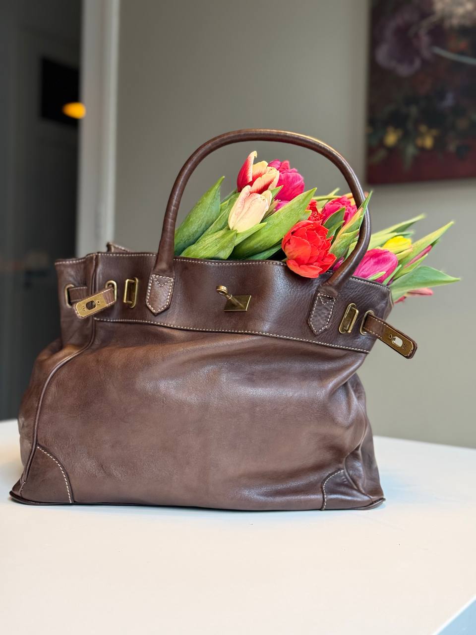 Dark brown washed leather bag