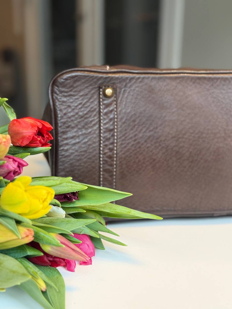 Dark brown washed leather bag