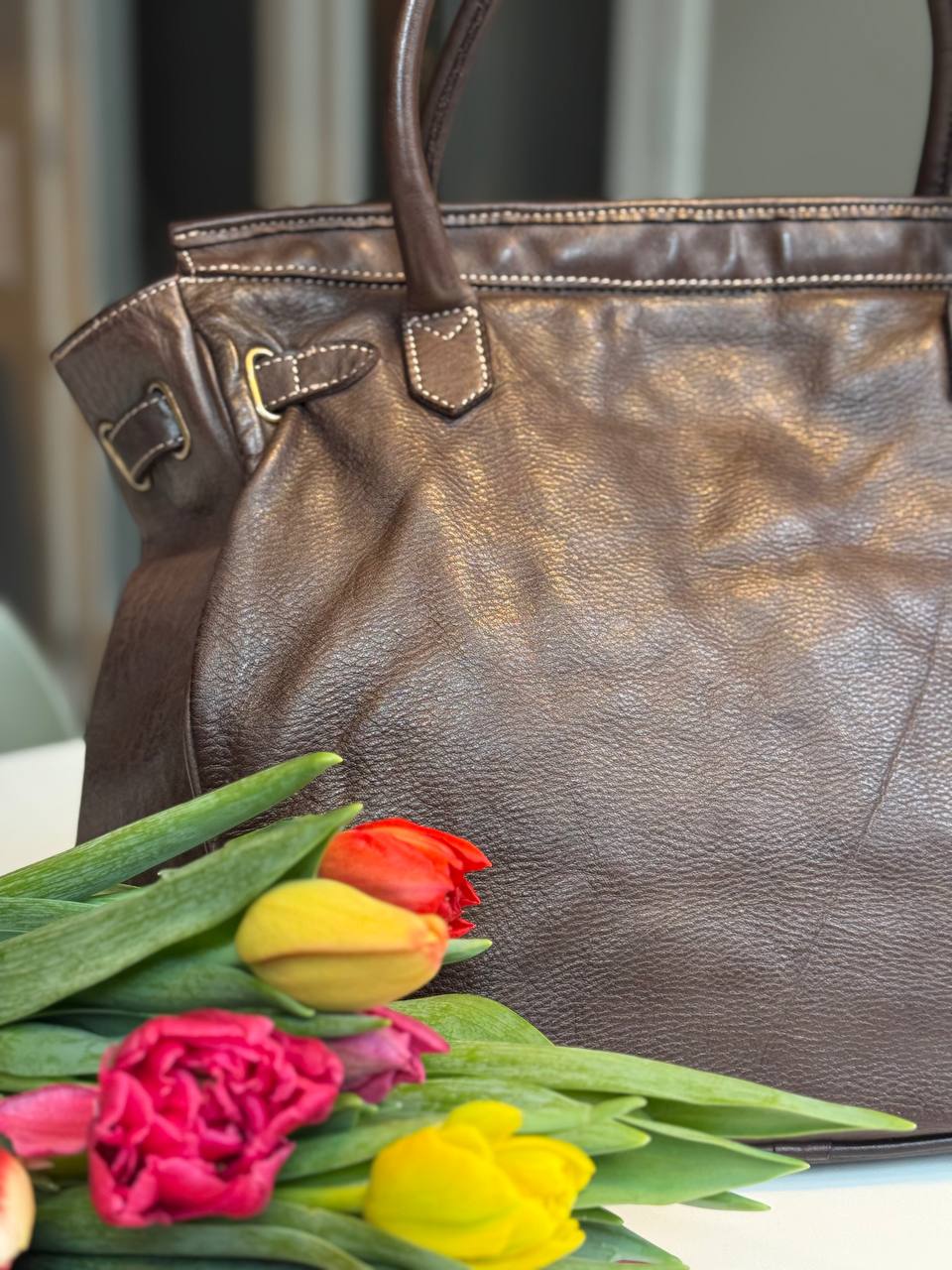 Dark brown washed leather bag