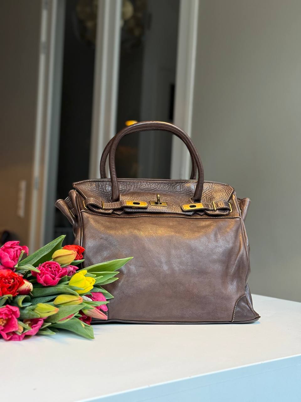 Dark brown washed leather bag