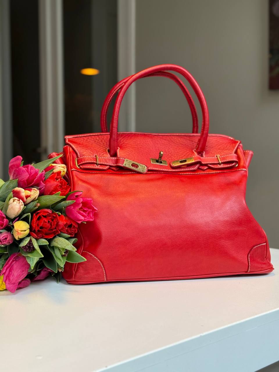 Red washed leather bag