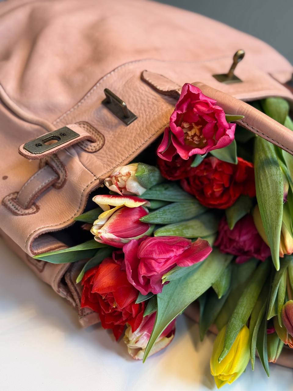Powder Pink washed leather bag