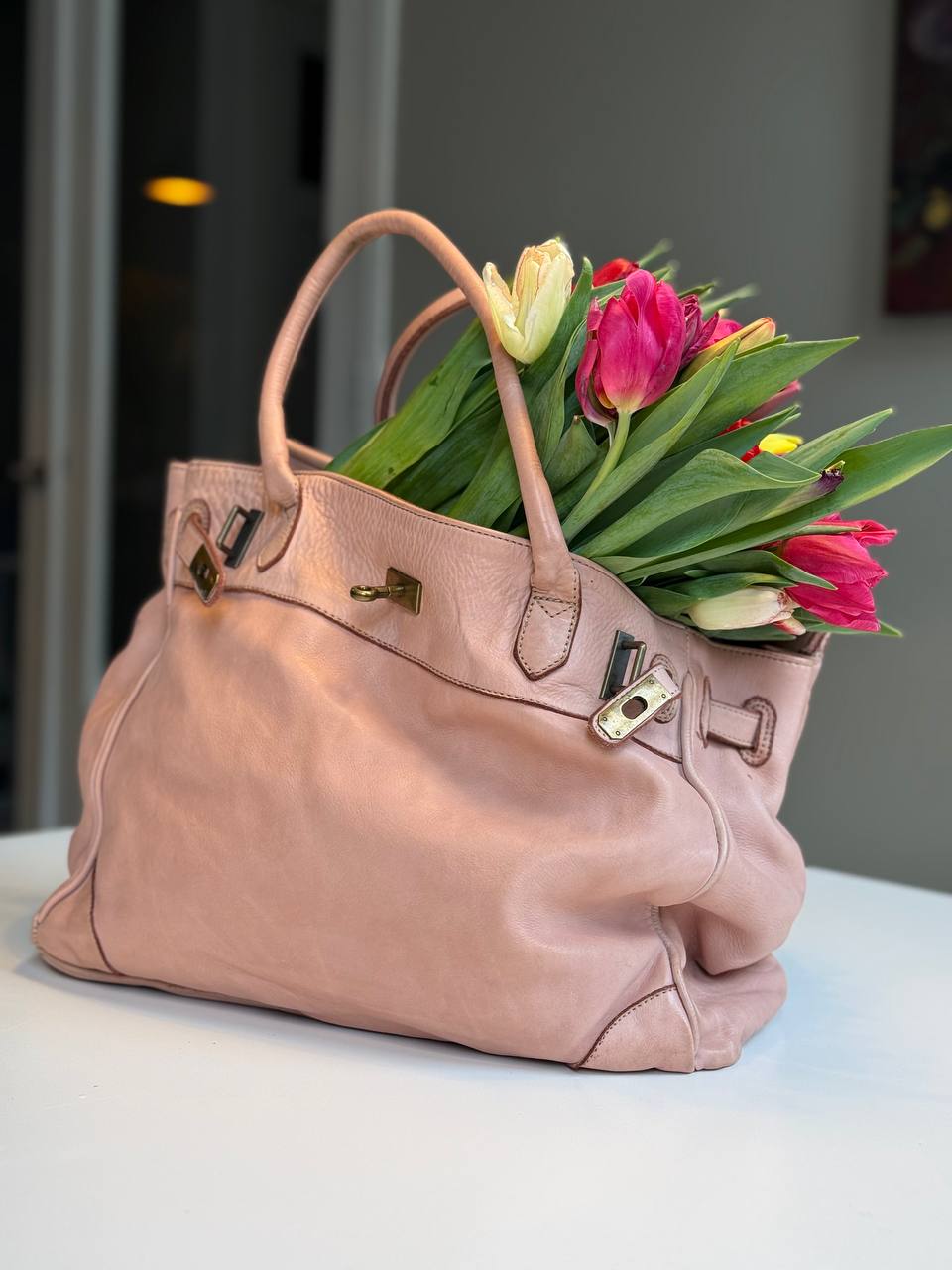 Powder Pink washed leather bag