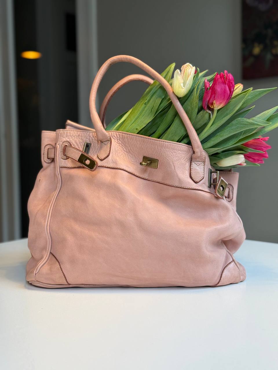 Powder Pink washed leather bag