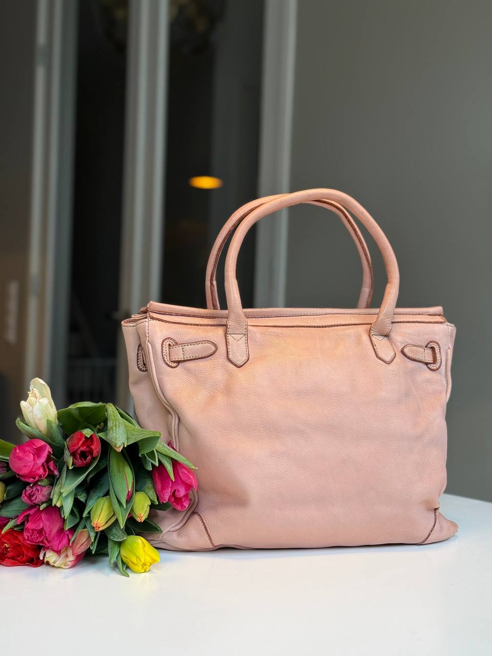 Powder Pink washed leather bag