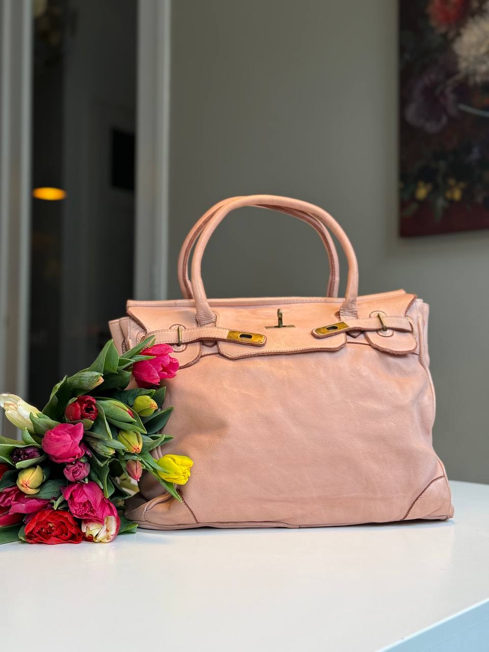 Powder Pink washed leather bag