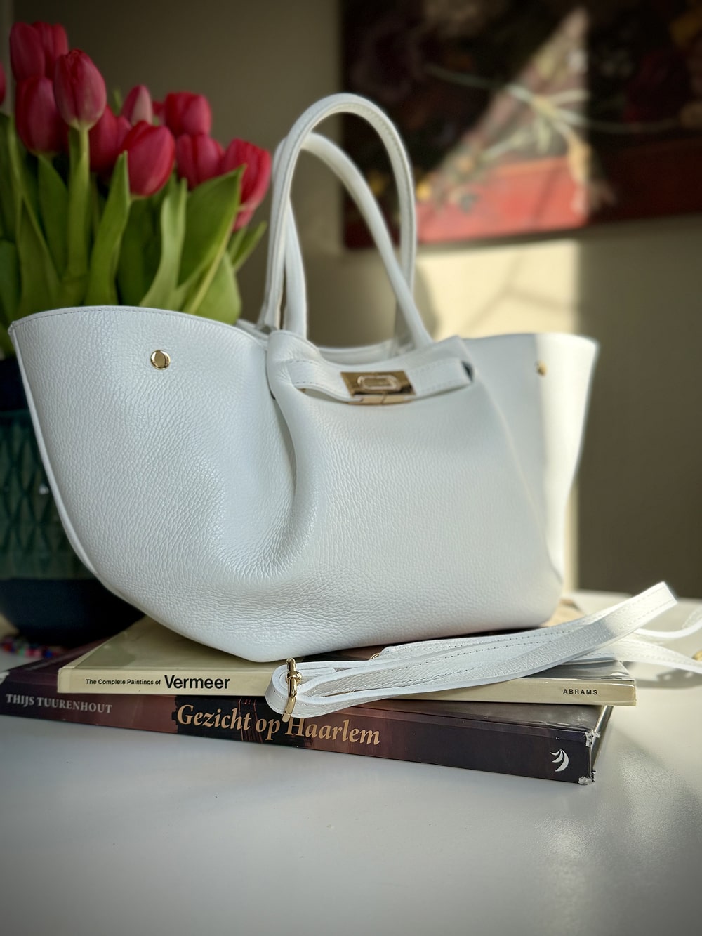 White grained leather bag