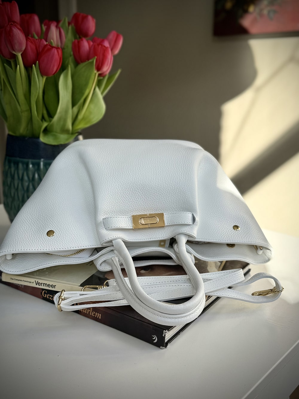 White grained leather bag