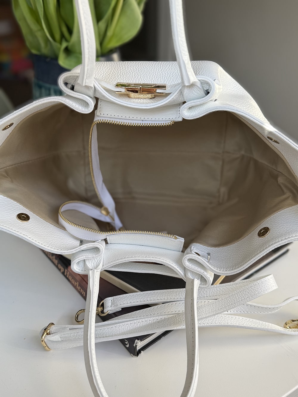 White grained leather bag