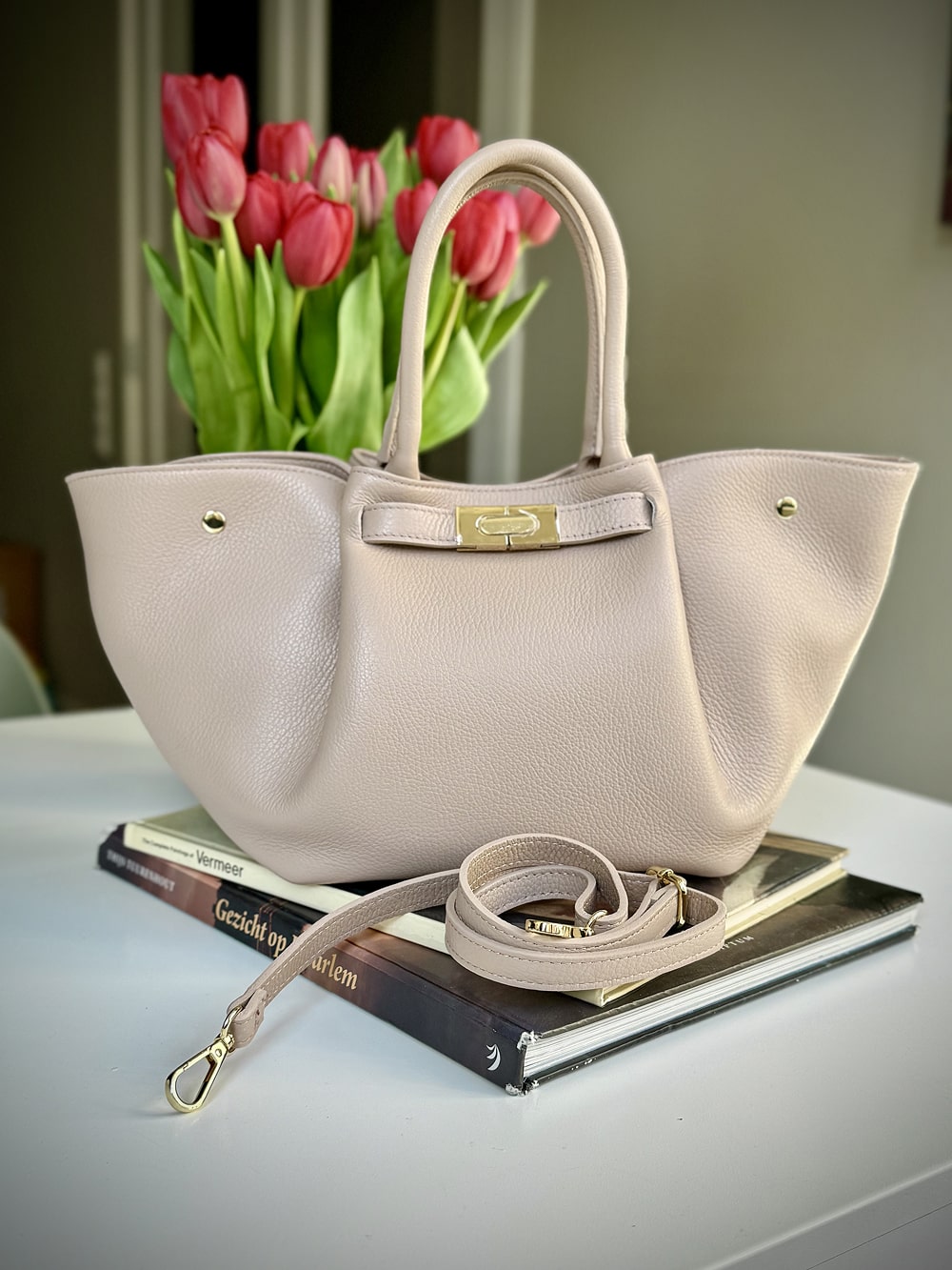 Pink grained leather bag