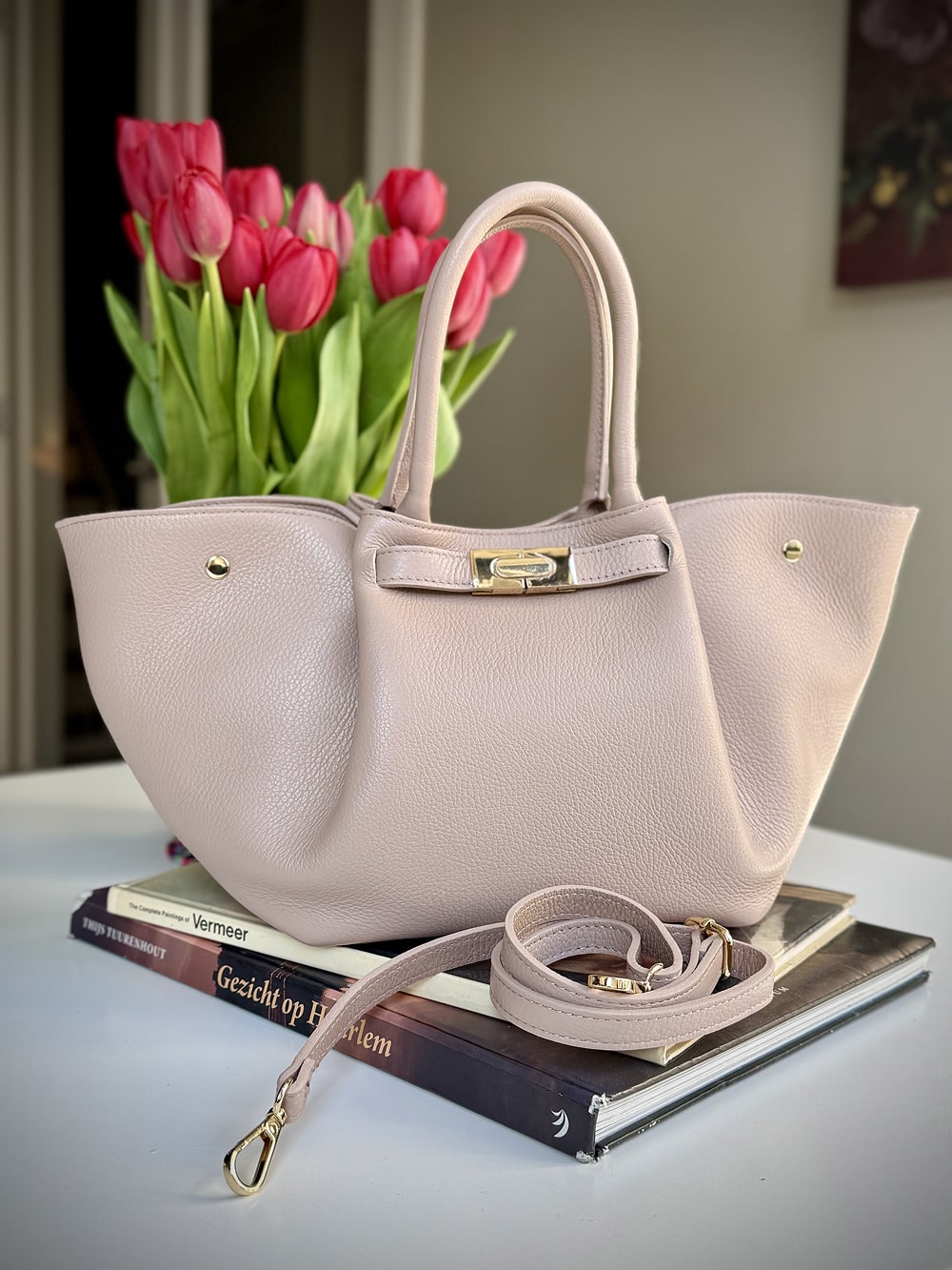 Pink grained leather bag