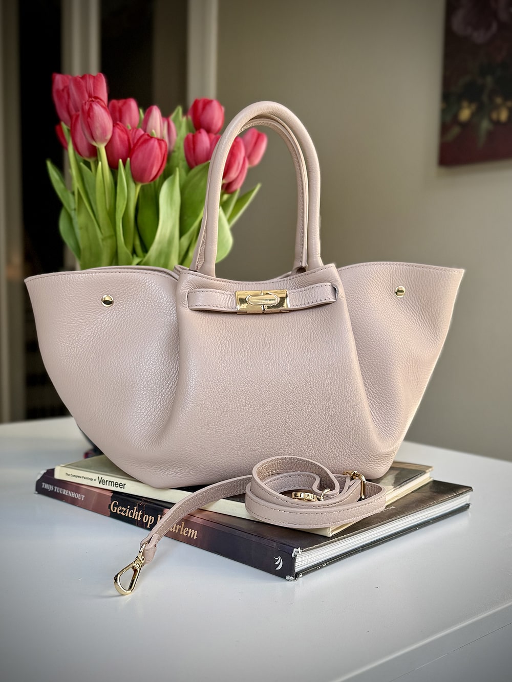 Pink grained leather bag