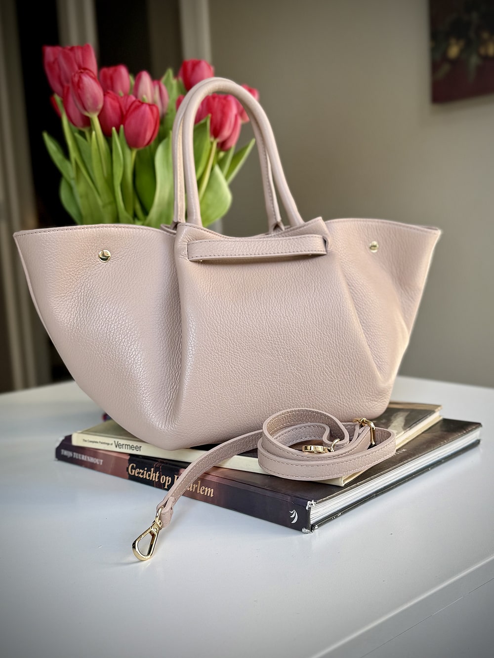 Pink grained leather bag