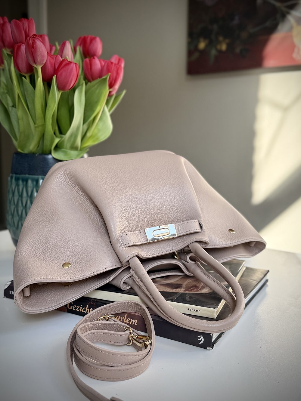 Pink grained leather bag