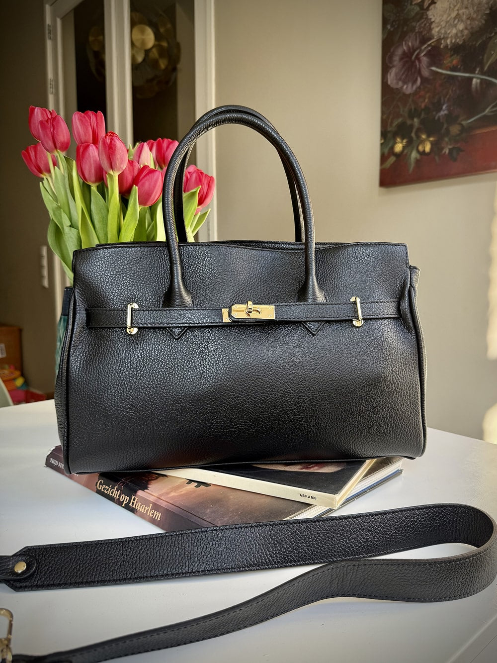 Black grained leather frame bag