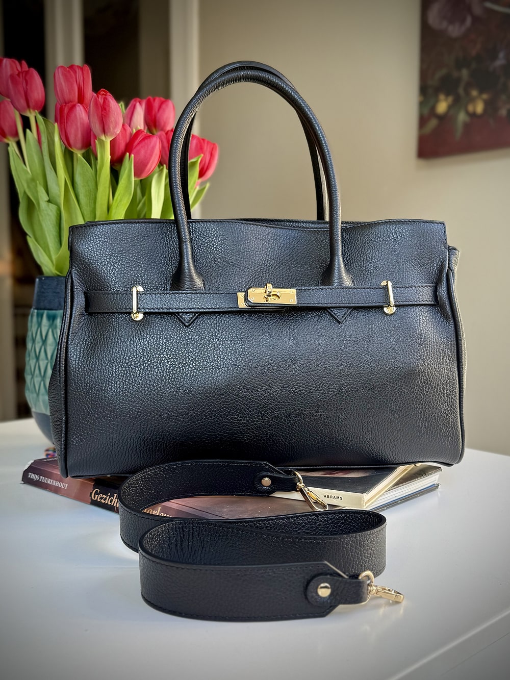 Black grained leather frame bag