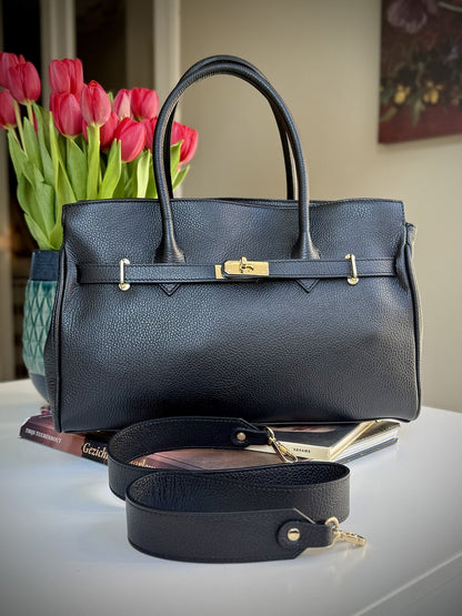 Black grained leather frame bag