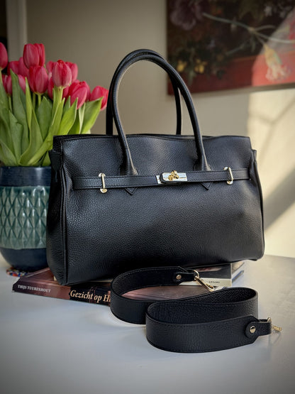 Black grained leather frame bag