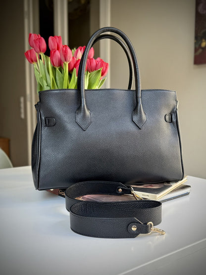 Black grained leather frame bag