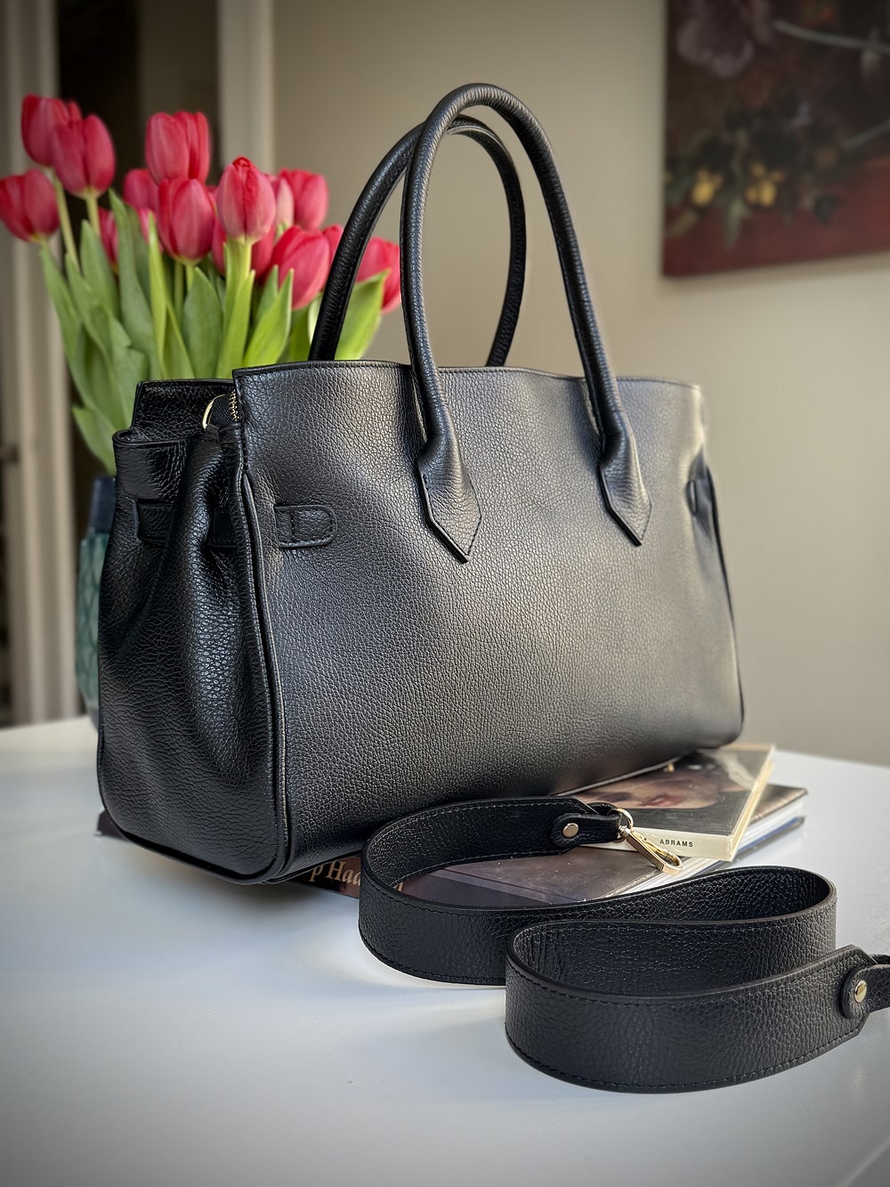 Black grained leather frame bag