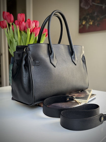 Black grained leather frame bag