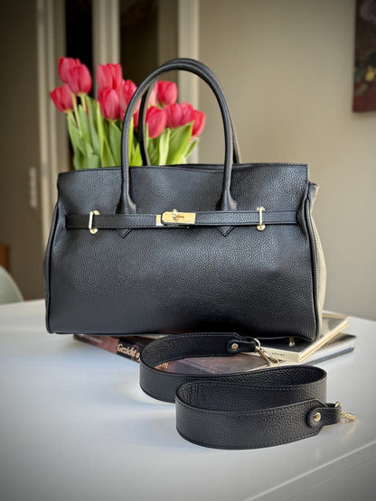 Black grained leather frame bag