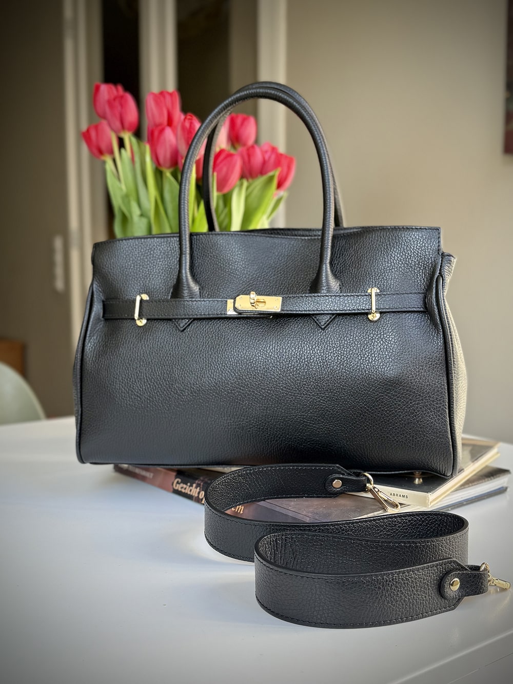 Black grained leather frame bag