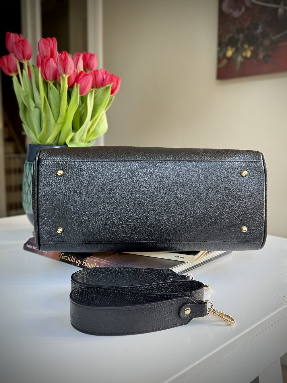 Black grained leather frame bag