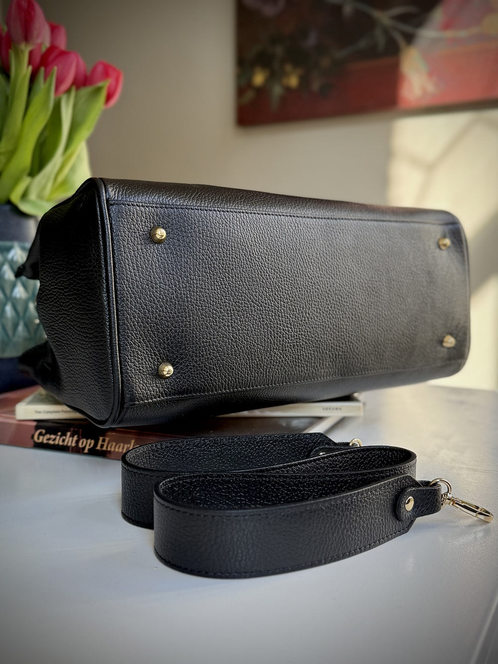 Black grained leather frame bag