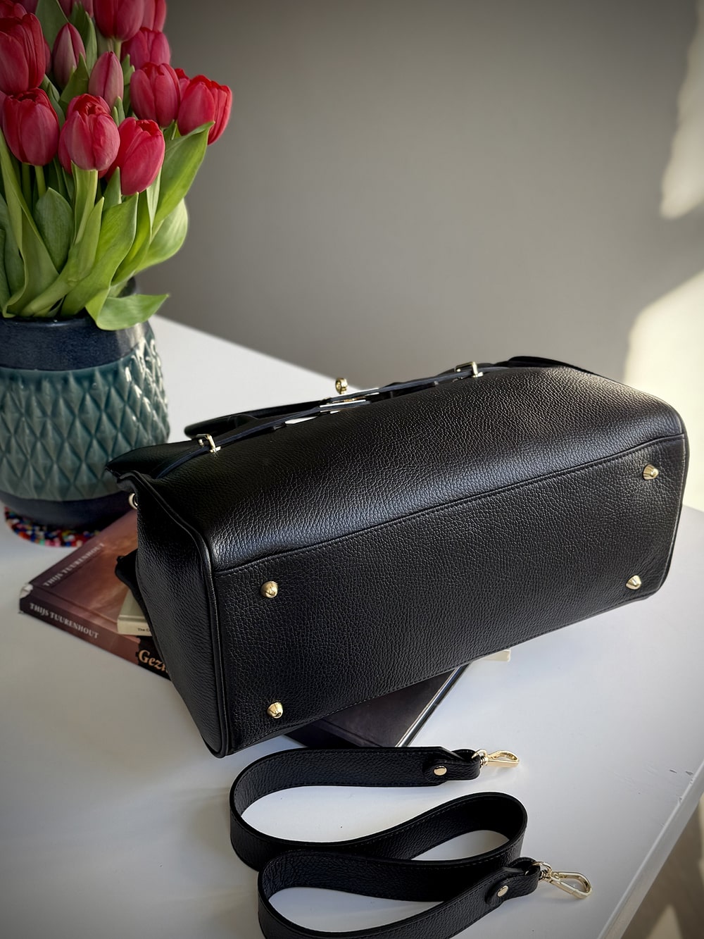 Black grained leather frame bag