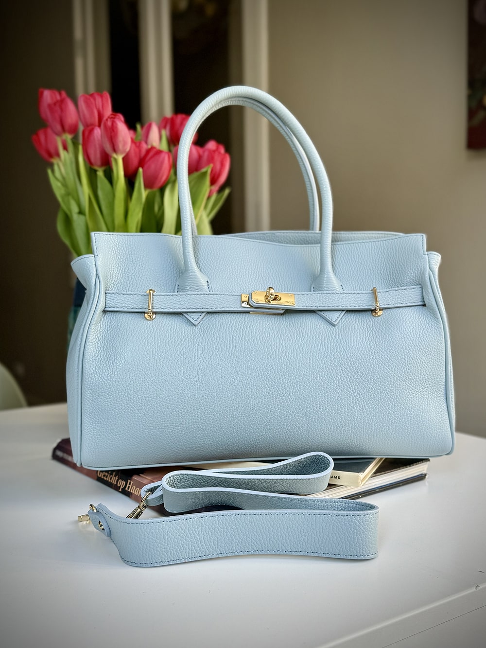 Blue grained leather frame bag