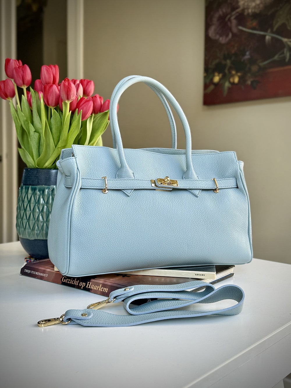 Blue grained leather frame bag