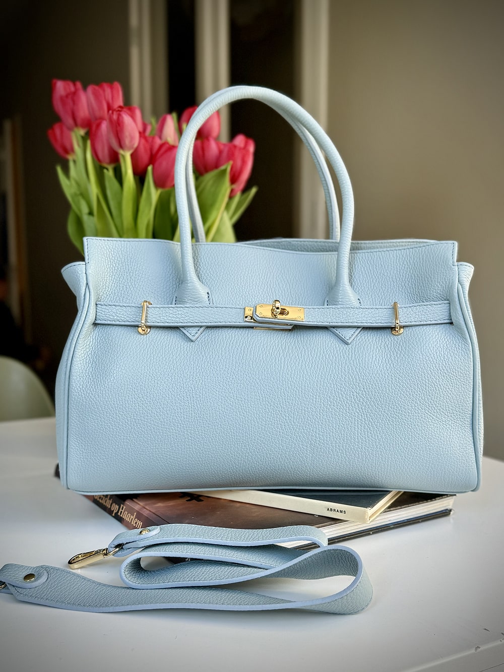 Blue grained leather frame bag