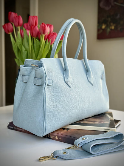 Blue grained leather frame bag