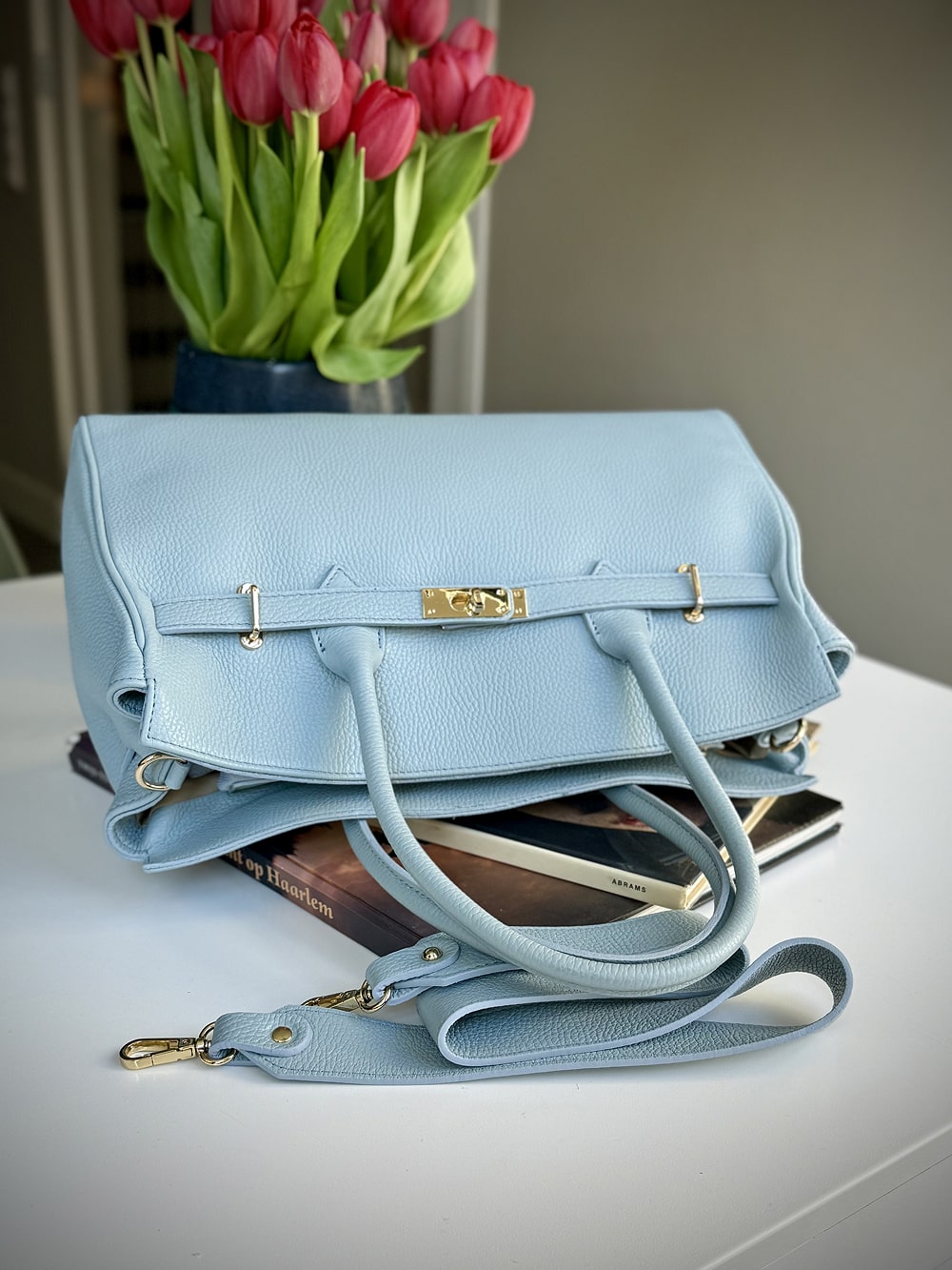 Blue grained leather frame bag