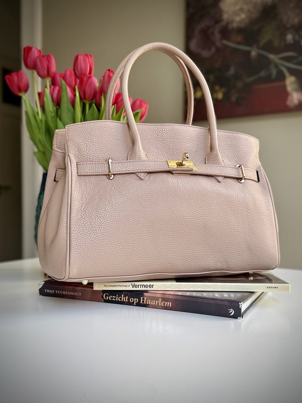 Pink grained leather frame bag