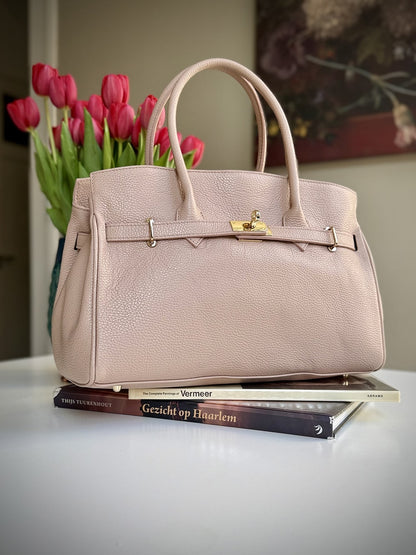 Pink grained leather frame bag