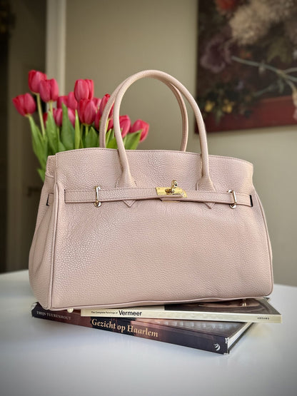 Pink grained leather frame bag