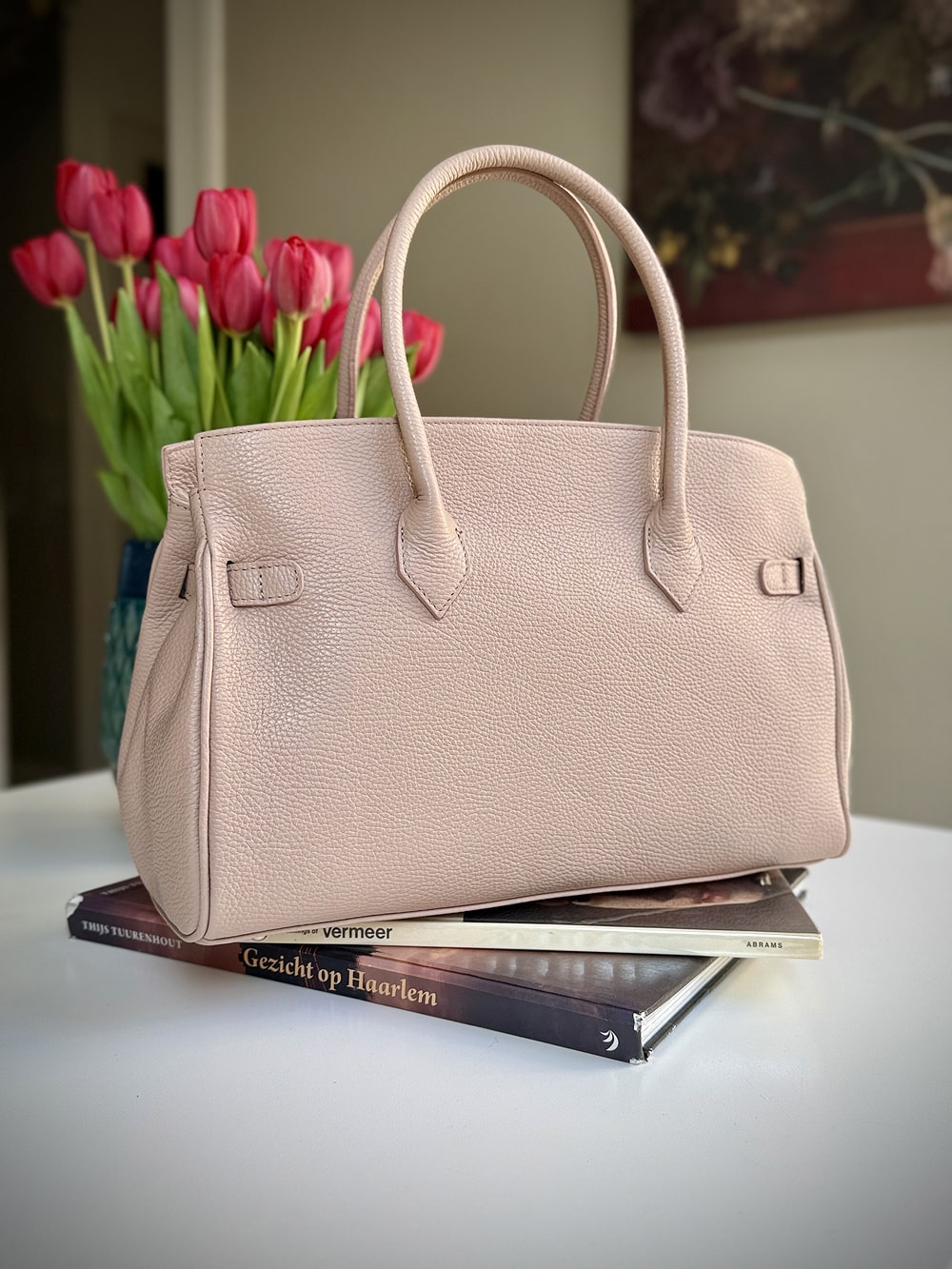 Pink grained leather frame bag